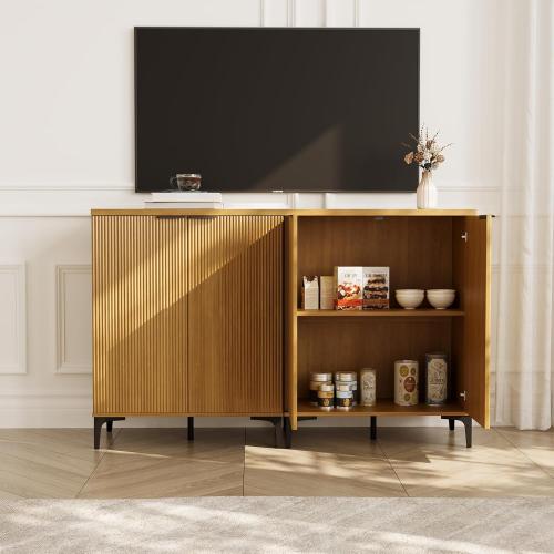 Fluted Sideboard Buffet Cabinet, 2 Doors Side Board Storage Cabinet, Buffet Cabinet with Line Groove Design,Side Board with Metal Legs and Handle, Buffet for Entryway, Natural Wood