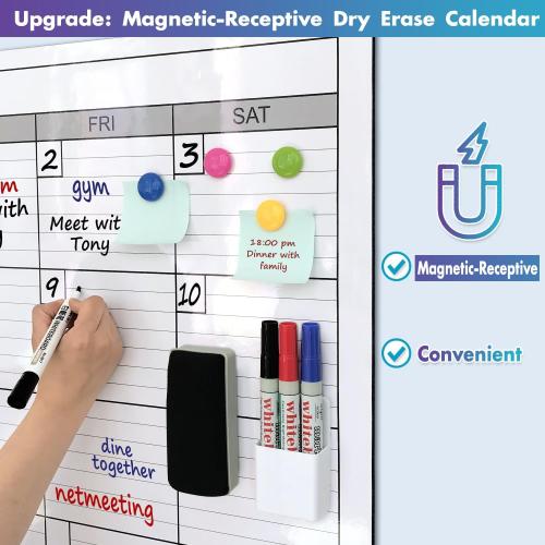 Magnetic-Receptive Dry Erase Monthly Extra Large White Board Calendar for Wall 38x50, Big Whiteboard Calendar with Iron Sheet Backing-Works with Magnetic Markers Eraser, Giant Blank Poster with Square