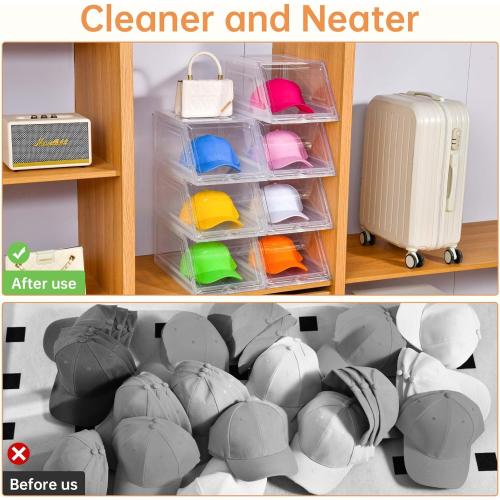 2 Pack Hat Organizer for Baseball Caps,Large Clear Cap Organizer with Drawer,Hats Holder Box for Closet with Sliding Tray,Stackable Hat Rack Display Case,Multi-use Hat Case for Caps,Each Holds 12 Hats