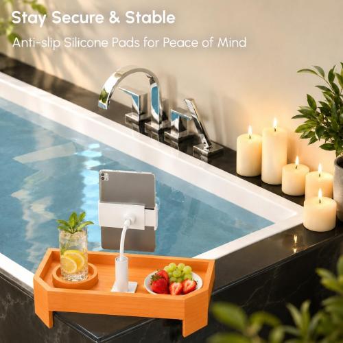 Bamboo Hot Tub Tray with 360°Adjustable Phone Holder, Hot Tub Drink Holder