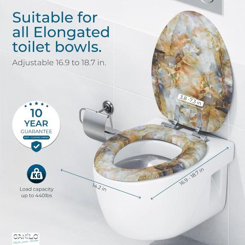 SANILO Wooden Toilet Seat with Soft Close [ELONGATED] - Decorative, Quiet & Slow Close Molded Wood Seat - With Strong Bumpers & Hinges - Adjustable Fit - Marble Brown