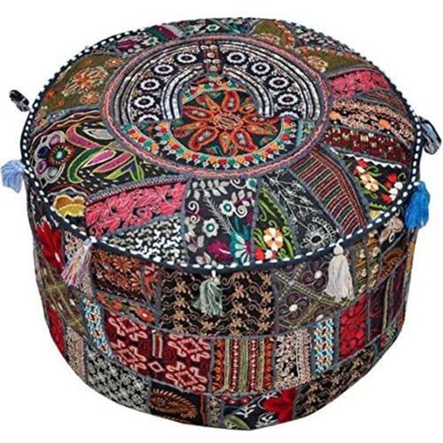 Sophia-Art Indian Embroidered Patchwork Cover Indian Decorative Comfortable Floor Cotton Cushion Ottoman Pouf, Designs Ethnic Patchwork Pouf (Black, 14x22) (Cover Only)