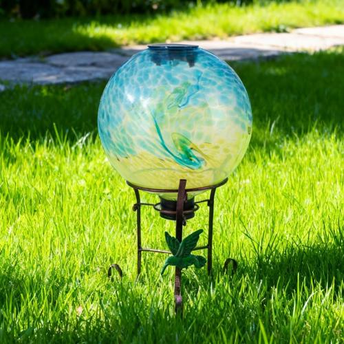 10 Diameter Solar Color-Changing Gazing Ball with 8.5 Hummingbird Metal Stand Indoor Outdoor Glass Globe Sphere Yard Ornament Solar Gazing Balls for Garden,Lawn,Patio,Porch,Gift for Women