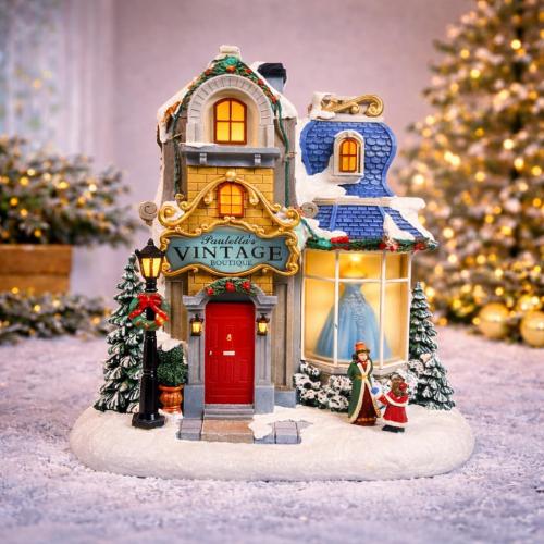 MOMENTS IN TIME Lighted Christmas Village Vintage Boutique LED 10.6” Musical Polyresin Holiday Building, Battery Operated Tabletop Christmas Decoration