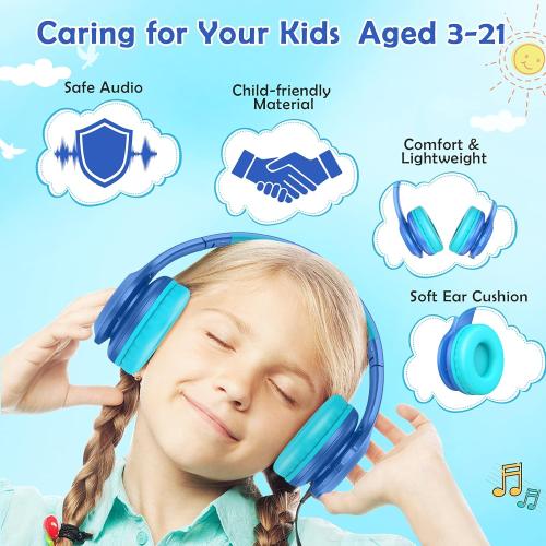 Kids Bluetooth 6.0 Headphones with LED Light, 85Hours Playtimes, Type-C Fast Charging, 85/94dB Volume Limited, Comfort Wireless Headphones with Built-in Mic, Wired & TF Card Mode, Blue