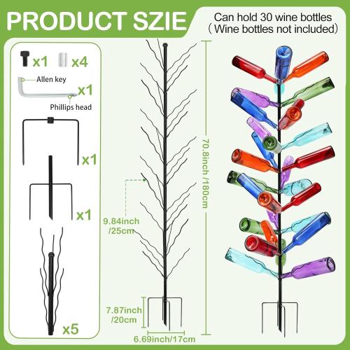 1 Pcs Tall Wine Bottle Tree 30 Wine Bottle Tree Outside 70.8 Inch Christmas Bush Colorful Holder Artificial Black Metal Trees Garden Decorative for Wedding Outdoor Decor