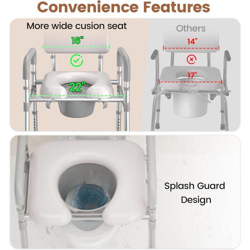 SOUNDFUSE Bedside Commode Chair with Padded Seat and Backrest, Aluminum Dual-Crossbar, Height Adjustable, Portable Toilet for Seniors and Adults, Potty Bucket and Splash Guard, 350 lbs Weight Capacity