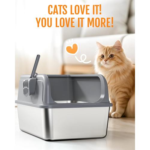 Powools Stainless Steel Cat Litter Box, High-Sided, Grey, XL | Metal Litter Box with Scoop, Anti-Leakage Top Entry, Non-Sticky, Easy to Clean, 6-Inch Splash-Proof Deep Pan