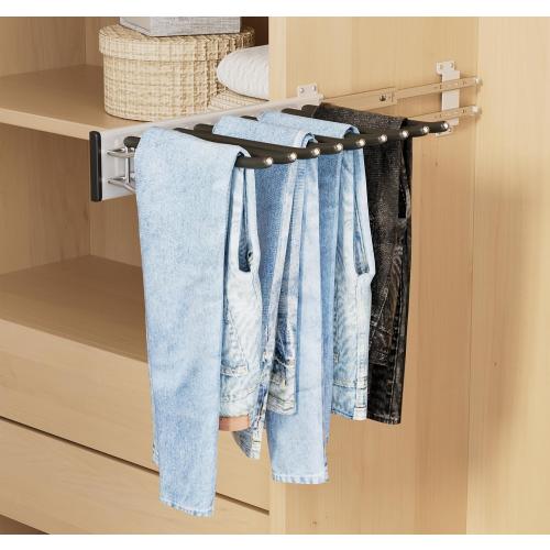 9 Arms Pull Out Pants Rack,Retractable Pull Out Trousers Rack Pull Out Trouser Hangers Pull Out Pants Hangers Space Saving (Black, Left Side Installation)