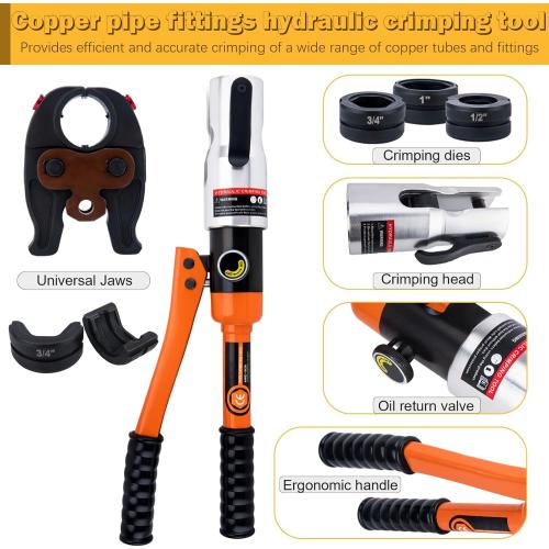 Copper Pipe Crimping Tool, W/ 1/2, 3/4, 1 Jaws, Copper Tube Fittings Hydraulic Pipe Crimping Tool, for Confined Spaces and Tee Fittings, Hydraulically Driven