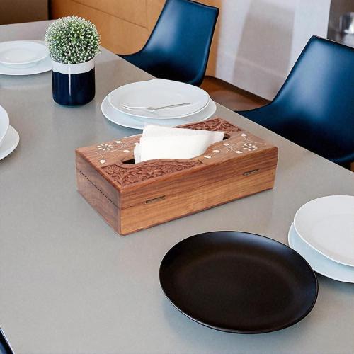 Wooden Tissue Box Cover, 9 x 5 Inch, Compatible with Pottery Barn Furniture and Decor, Anthropologie Furniture Style for Elegant Wooden Home Accessory (Carving White)
