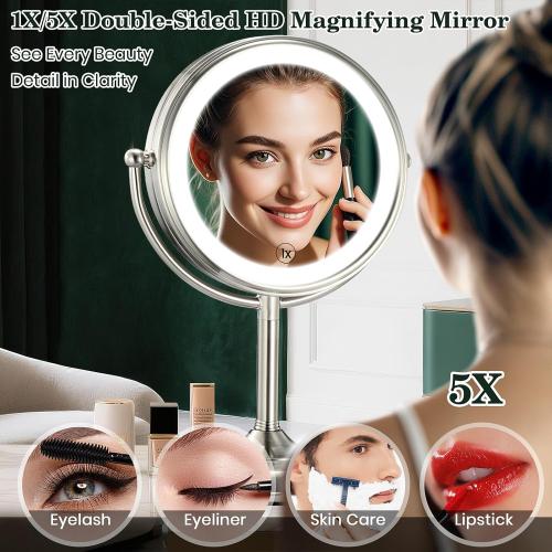 VESAUR 11.8 Extra Large 17 Tall Lighted Makeup Mirror, 1X/5X/10X 3-Sided Magnifying Mirror with 96 LEDs, 3 Color Dimmable Lights, 360° Swivel Dual Power Vanity Mirror, Nickel Finish Luxury Gift Box
