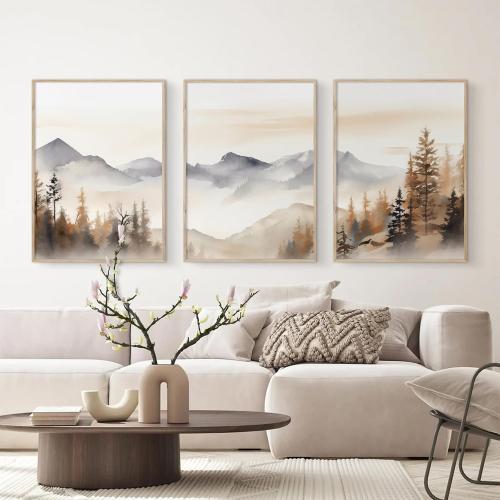 Neutral Mountain Wall Art Decor Set of 3 Forest Canvas Wall Art Poster Landscape Wall Art Artwork Modern Pictures Abstract Painting Watercolor Prints for Living Room Bedroom 24x36 Inch Unframed
