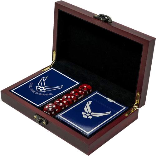 Military Gift Shop US Air Force Playing Cards & Dice in Keepsake Box - USAF Rank Insignia Cards - Air Force Gifts | Disabled Vet Owned Business | Air Force Card Set