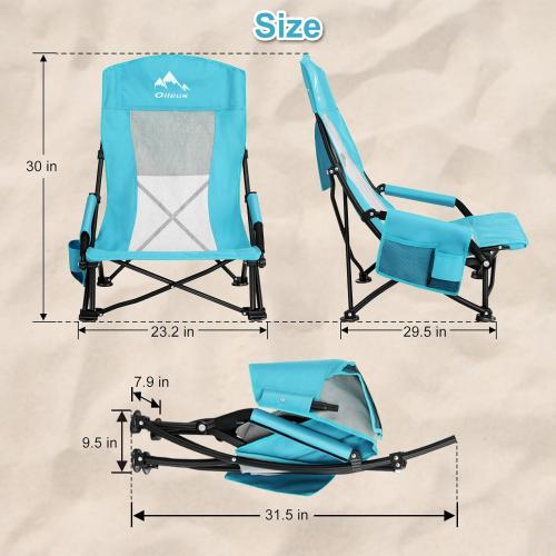 Blue 2Pack Oileus Folding Portable Beach Chair, High-Back Low-Seat Lightweight Chair for Beach Tents, Shelters, and Camping, Full Mesh Backrest | Cup Holder | Storage Bag | Carrying Bag | 2 Armrests