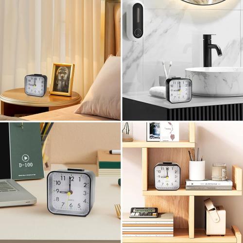 Small Analog Travel Alarm Clock, Battery Operated Desk Table Shelf Clock for Kids, Quieter Bedside Alarm Clocks for Bedrooms Bathroom Living Room Kitchen, Black