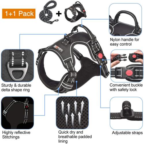 tobeDRI No Pull Dog Harness Adjustable Reflective Oxford Easy Control Medium Large Dog Harness with A Free Heavy Duty 5ft Dog Leash, Black, S