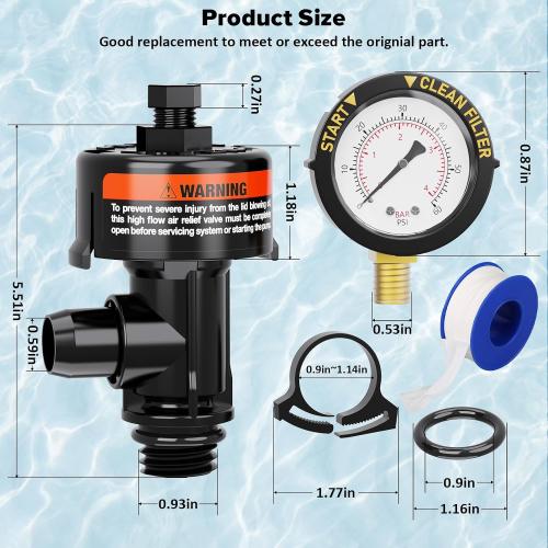 MISSING PIECES Manual Air Relief Valve for Pool and Spa Filters, Pool Filter Air Relief Valve with Pressure Gauge Replacement, Air Relief Valve for Pool Filter, Includes Gauge Plug, Pressure Gauge, O-Rings, Clips.