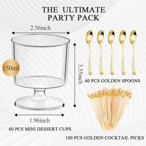 DI QIU REN Dessert Cups with Golden Spoon, Plastic Dessert Parfait Cup Clear Appetizer Pudding Cup, Round Serving Goblet Cups Shot Glasse