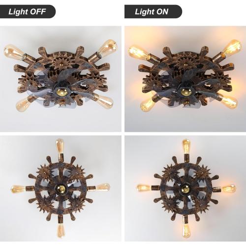 18.9 Vintage Industrial Small Ceiling Fans with Lights and Remote,Wooden Rudder Low Profile Fandelier Ceiling Fan with Light,Flush Mount Bladeless Ceiling Fan for Kitchen,Bedroom,Cafe Bar