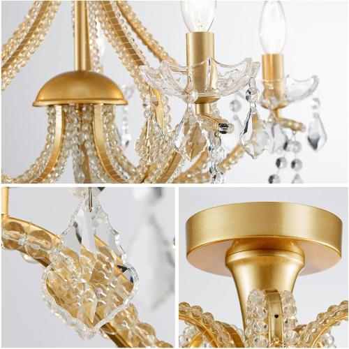 WUZUPS 5-Light Crystal Candle Chandelier Flushmount Ceiling Light Modern Lighting Fixture for Bedroom Hallway Bar Kitchen Bathroom, H 20.9 W 22, E12 Base, Gold