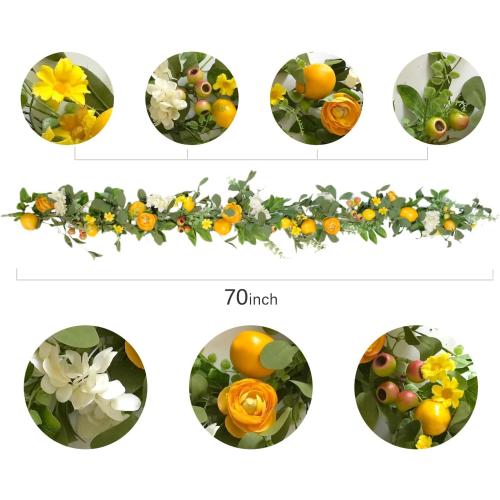 Bibelot 66 inch Artificial Lemon Garland with Yellow Peony, White Hydrangea, Green Leaves, Big Berries, Grapevine - Spring/Summer Wreath for Wall, Window, Party Decor