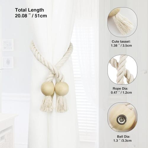 4 Pack Magnetic Curtain Tiebacks Cotton Hand Woven Tie Back Decorative Rope Holdbacks for Curtains Draperies No Tools Required, Beige