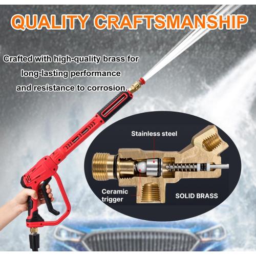 Color Red Brass Power Washer Gun and Hose Kit, Pressure Washer Gun with 26FT Washer Hose & 2 Extension Wands, M22 Fitting, 5 Nozzle Tips,4350PSI