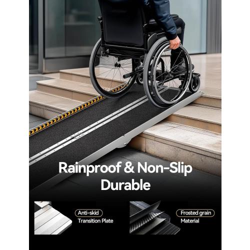 FACHNUO Size 7 Feet Portable Wheelchair Ramp with Sopport Legs, Non-Skid Aluminum Handicap Ramps with Handle, Folding Threshold Wheel Chair Ramp for Home Steps, Stairs, Entry,Doorways, 800LBS Capacity