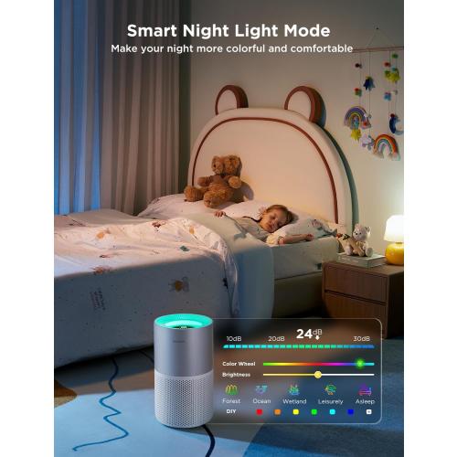 GoveeLife Air Purifier for Bedroom, Covers up to 1162ft², 24dB Sleep Mode | Smart Air Purifier with App & Alexa Control, RGB Night Light, PM2.5 Sensor Air Purifier for Pet Hair, Pollen, Dust, Smoke