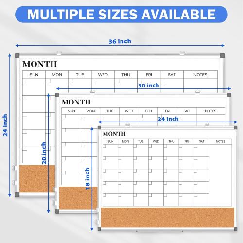 Monthly Calendar Whiteboard Dry Erase Cork Board Combo for Wall, 24 x 18 Double-Sided Calendar White Board and Bulletin Board, Portable Board for Office, Kitchen, School, Home