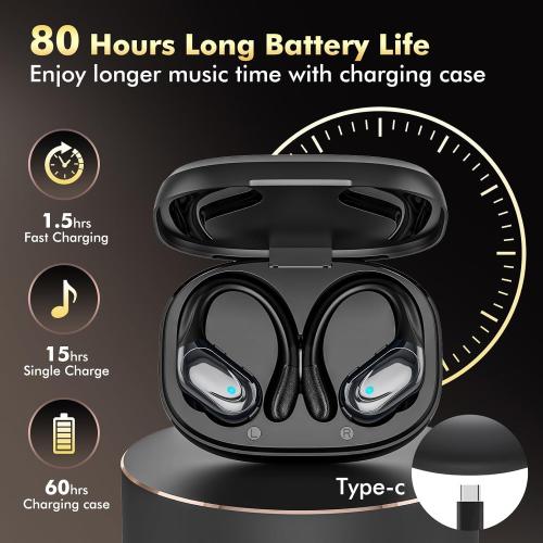 Color Black Wireless Earbuds, Sports Bluetooth Headphones, 80Hrs Playtime Ear Buds with LED Power Display, Noise Canceling Headset, IPX7 Waterproof Earphones for Workout/Running