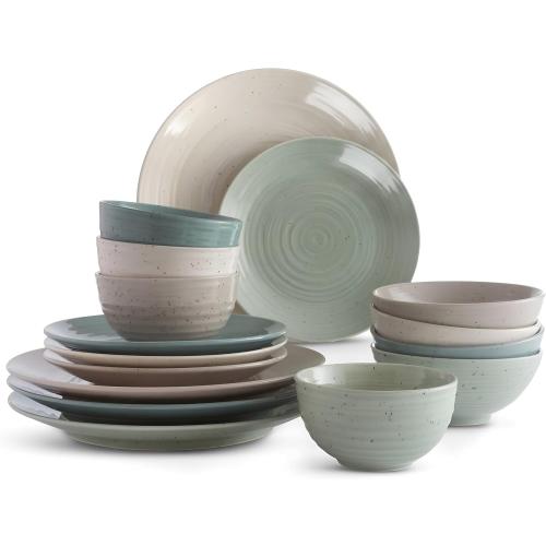 Sango Siterra Artist's Blend 16-Piece Stoneware Dinnerware Set for 4, Green, Cream & White Glossy Dishes with Speckles, Ceramic Plates and Bowls Sets for Everyday Dining, Microwave & Dishwasher Safe