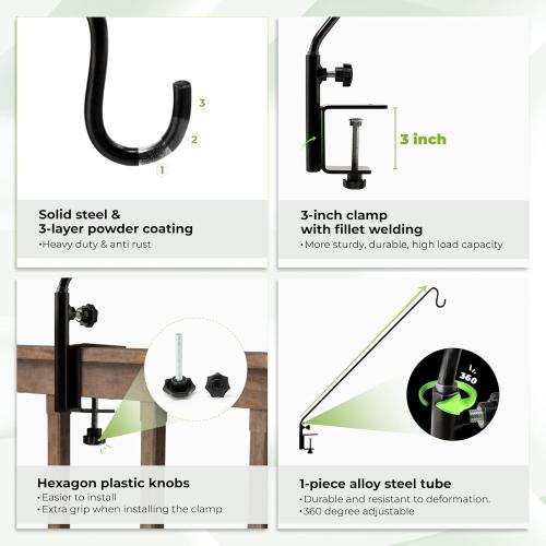 Idzo Deck Bird Feeder Hanger for Railing, 43in Deck Hook for Bird Feeder Pole, Sturdy 1 Piece Solid Steel Construction, 3in Non-Slip Clamp, Black