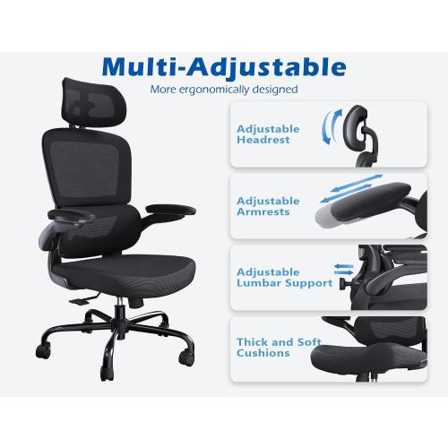 TRALT Ergonomic Office Chair - Desk Chair with Adjustable Headrest Lumbar Support Computer Chair - Mesh Comfy Chair with Flip-up Armrests - Gaming Chairs for Adults Home Office (Leather, Black) | Home Office Desk Chairs with Flip-up Armrests & 3D Headrest - Mesh Gaming Chair for Adults, 330lbs, PU Leather (Black, 1)