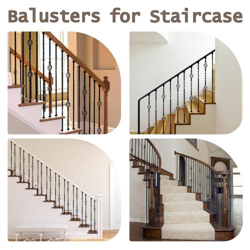 30 Pack Wrought Iron Balusters for Staircase Interior, 1/2 x 44 Hollow Deck Spindles Stair Railing Indoor with 60 Fixed Swivel Shoes, Metal Double Basket Decorative Stair - Matte Black