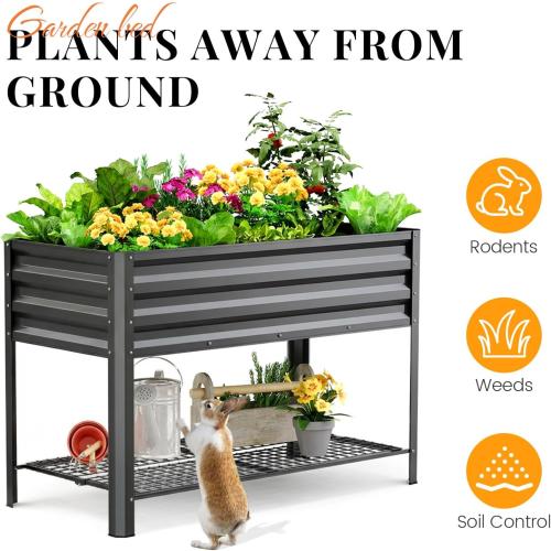 KING BIRD Large Raised Garden Bed with Legs & Storage Shelf Galvanized Elevated Planter Box for Backyard, Patio, Balcony, 400lb Capacity, Dark Grey 48×24×31.5 in
