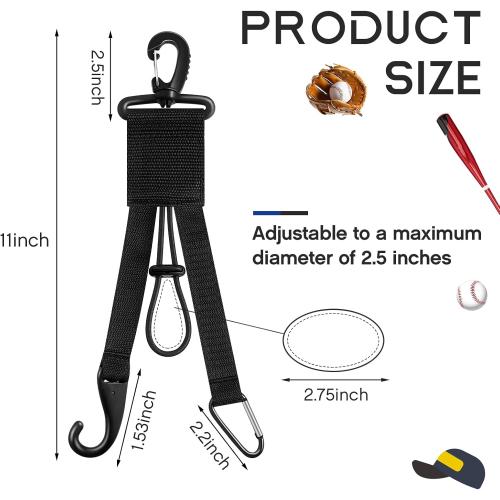 Deekin 4 Pcs Baseball Softball Gear Hanger 3 in 1 Dugout Organizer Bat Holder with Glove Clip and Helmet Hook for Fence Bag Water Bottle Hiking Camping (Black)