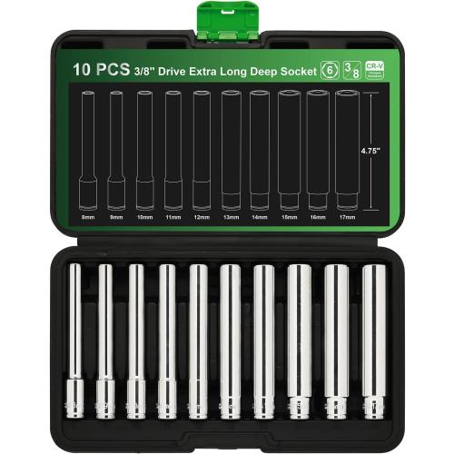 TecoTek 10PCS 3/8-Inch Drive Extra Deep Metric Socket Set, 6 Point, 8mm to 17mm, No Skipped Sizes, 120MM Deep CR-V Socket for Automotive and Industrial Applications