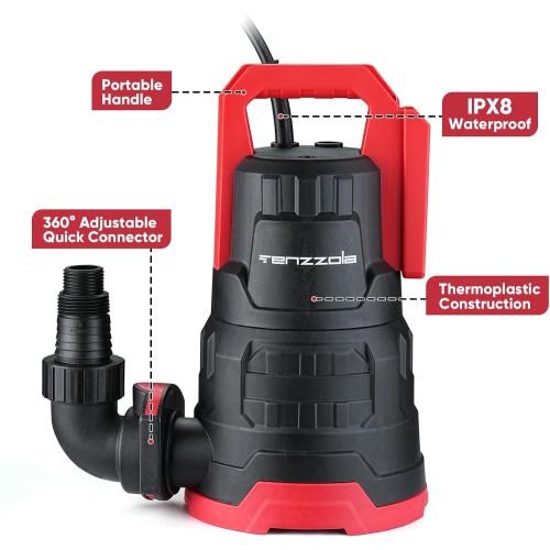 Tenzzola Sump Pump, 1 HP 3960GPH Submersible Utility Water Pump, Thermoplastic Portable Electric Water Removal Transfer Pump with 16.4FT Cord for Swimming Pool Basement Garden Pond Tubs Draining