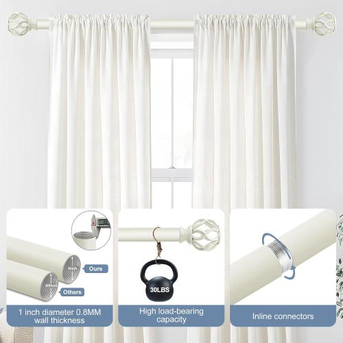 Size 18-69 Color White Decorative Farmhouse Curtain Rod:18-60Adjustable Heavy Duty Single Window Curtain Rod for Bedroom Living Room,Antique White Boho Rustic Drapery Rods with Vintage Twist Finial Easy Install