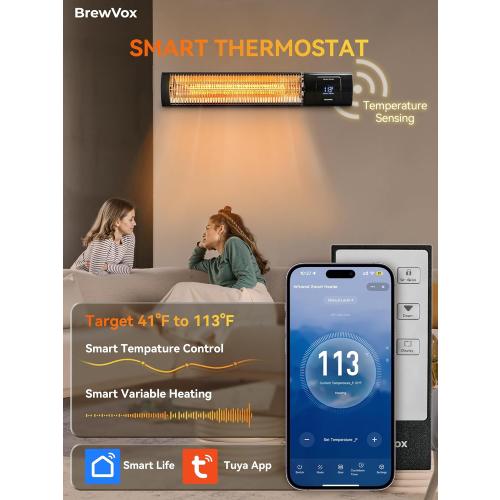 BrewVox 1500W Carbon Infrared Electric Outdoor Patio Heater with Thermostat, Horizontal & Vertical, Smart App-Controlled Scheduling & Remote On/Off, IP65 Weatherproof, Overheat Protection, 24H Timer