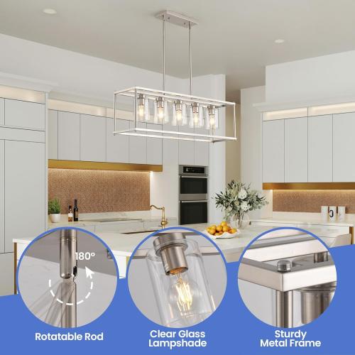 Farmhouse Chandeliers for Kitchen Island, Modern 5-Light Rectangle Chandelier, Brushed Nickel Linear Pendant Lighting Fixture with Clear Glass Shade, L35.4 Inch