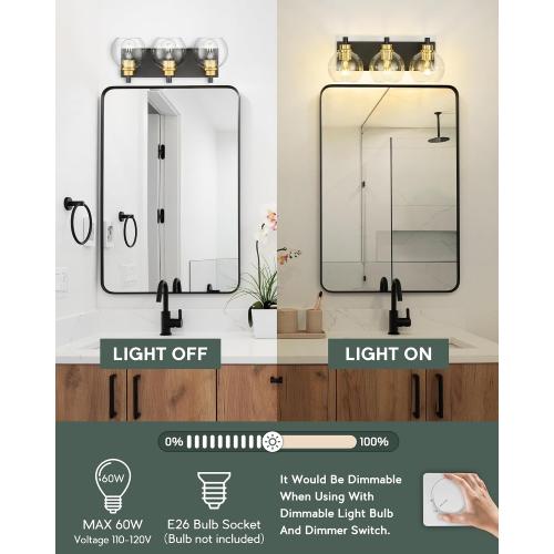 METWET Bathroom Light Fixtures, 3-Light Black and Gold Bathroom Vanity Light, Modern Wall Sconces with Globe Clear Glass Shade, Vanity Lighting Fixtures Over Mirror, VL195-KG-3