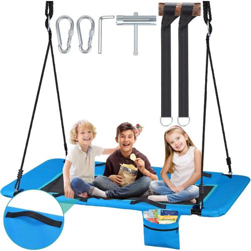 800lb 60 Large Platform Tree Swing for Kids Adults with Pocket, Anti-Sagging Outdoor Rectangle Flat Swing for Swing Set with Handles (Dark Blue)