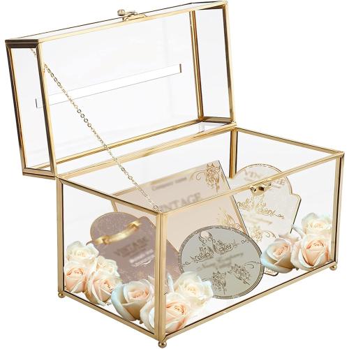 HighFree Glass Card Box, Large Clear Card Box for Wedding Receptions, Decorative Storage Box for Baby Shower, Birthday Party, Bridal Shower (With Slot, Gold)