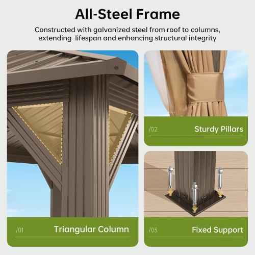 10x12FT Hardtop Gazebo Brown | Permanent Outdoor Pergola with Double Galvanized Steel Roof and Curtains and Netting for Backyard, Patio, Lawn and Garden
