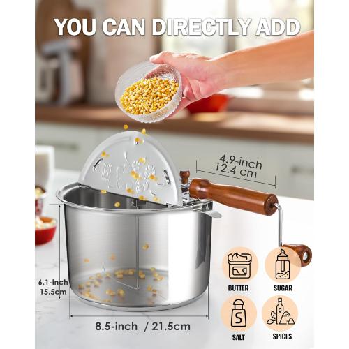 Cook N Home Stovetop Popcorn Popper with Crank, 6 Quart Stainless Steel Popcorn Pot, Silver