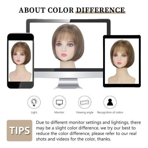 TISHINING Short Brown Mix Blonde Highlight Bob Wig with Bangs for White Women Chin Length Layered Mixed Brown Straight Bob Wig 10 Inch Synthetic Natural Looking Daily Party Wig