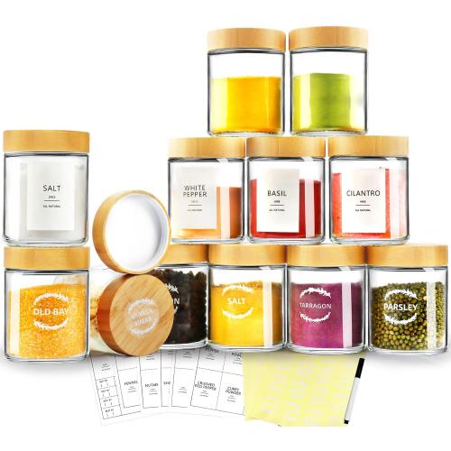 AISIPRIN Spice Jars with Label,12 Pcs 8oz Glass Jars with Bamboo Lids,Spice Organizer for Cabinet,Drawer, Rack, Seasoning Organizer Containers,Including 2 Type Labels